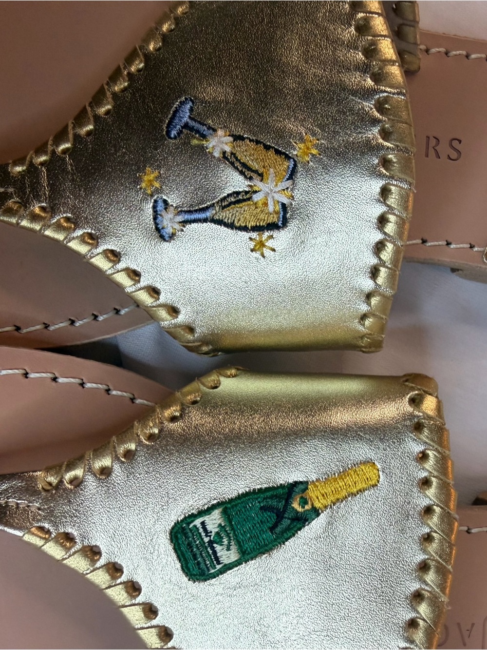 Jack Rogers Gold Leather Embroidered Champagne & Glass Slide Sandals - Picture 3 of 3